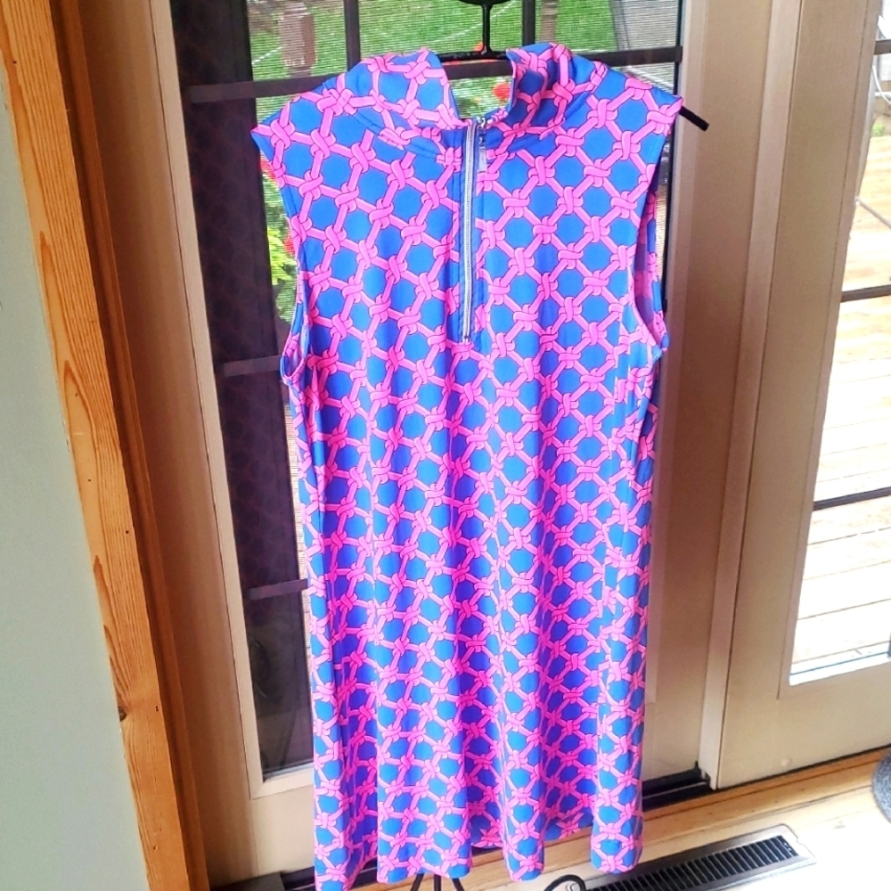 Lulu-B Pink Blue Geometric Knot Half Zip Sleeveless Dress Large 4427